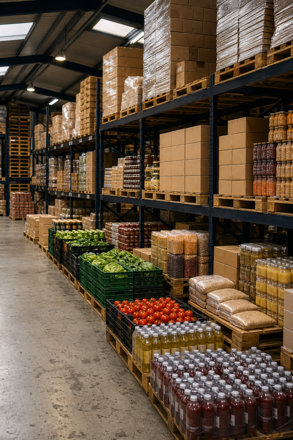 Wholesale food products arranged in the N Joy warehouse
